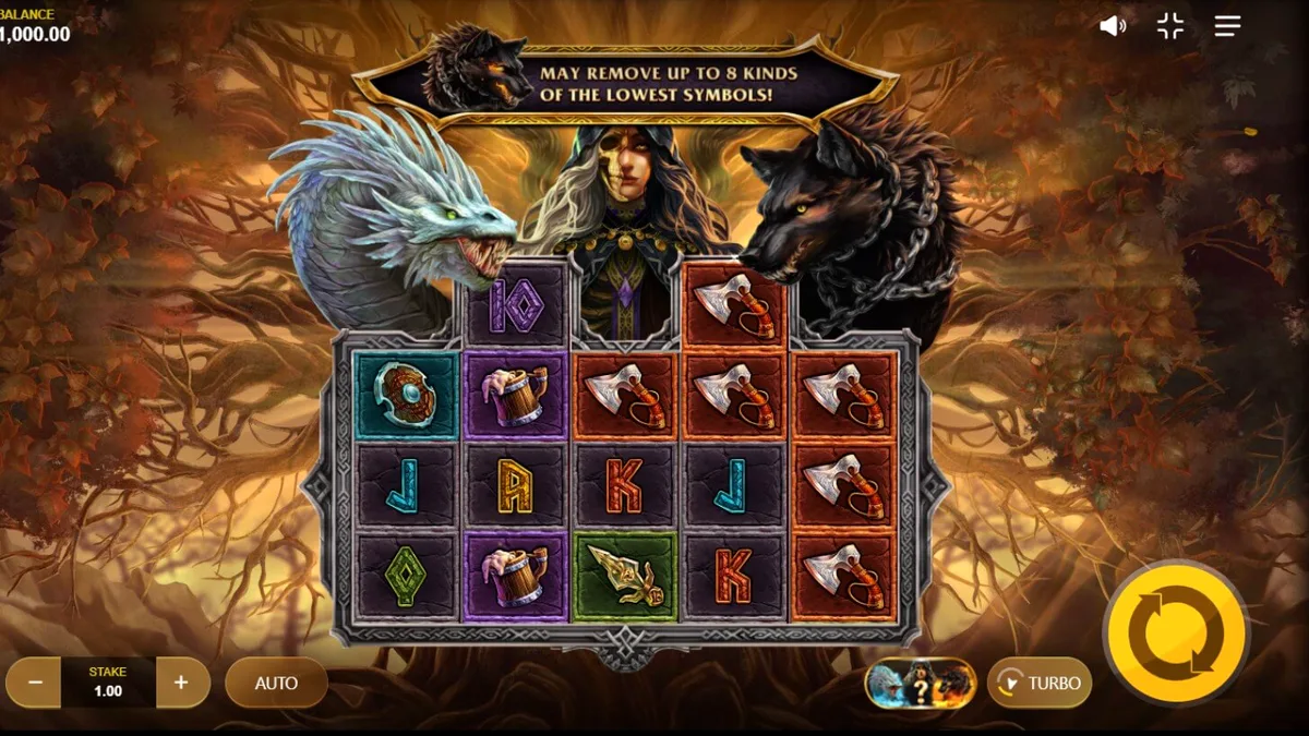 Interface do jogo Loki’s Descendants com elementos da mitologia nórdica e design sombrio.