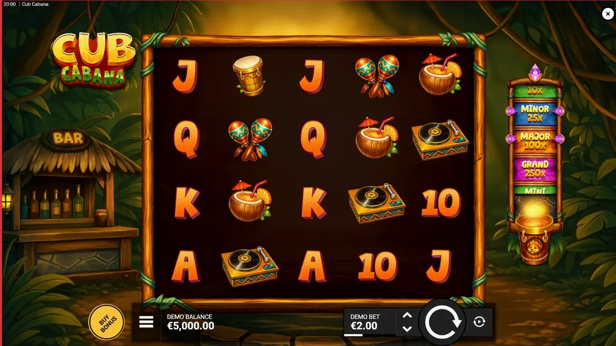 Interface vibrante do slot Cub Cabana com símbolos tropicais e o DJ Collector Wild