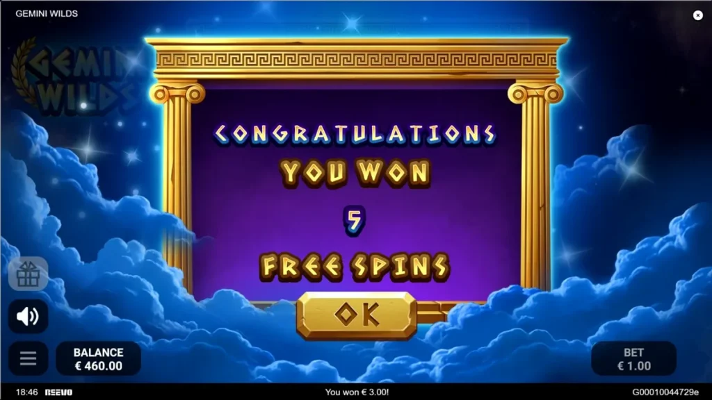 Interface do slot Gemini Wilds com tema de mitologia grega e constelações
