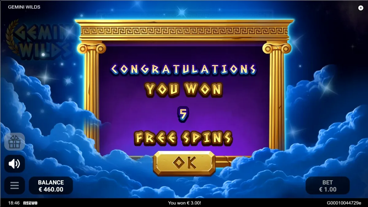 Interface do slot Gemini Wilds com tema de mitologia grega e constelações