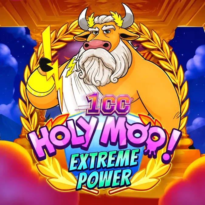 Interface vibrante e colorida do slot Holy Moo! Extreme Power com temática de mitologia bovina.